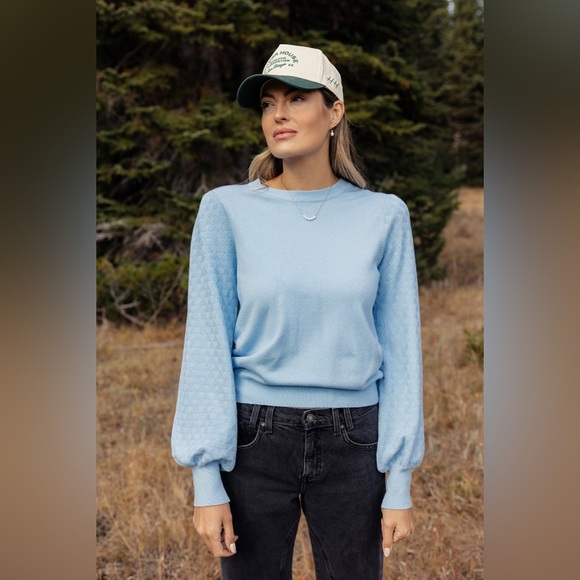 ROOLEE The Willis Textured Sweater Medium Blue soft lightweight puff sleeve - Picture 3 of 14